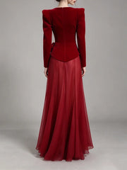 Red Velvet Square Neck 3D Flower Maxi Dress