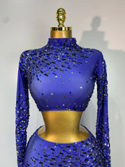 Close-up of the high neck long sleeve rhinestone crop top.