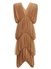 Brown V-Neck Draped Tiered Folds Maxi Dress