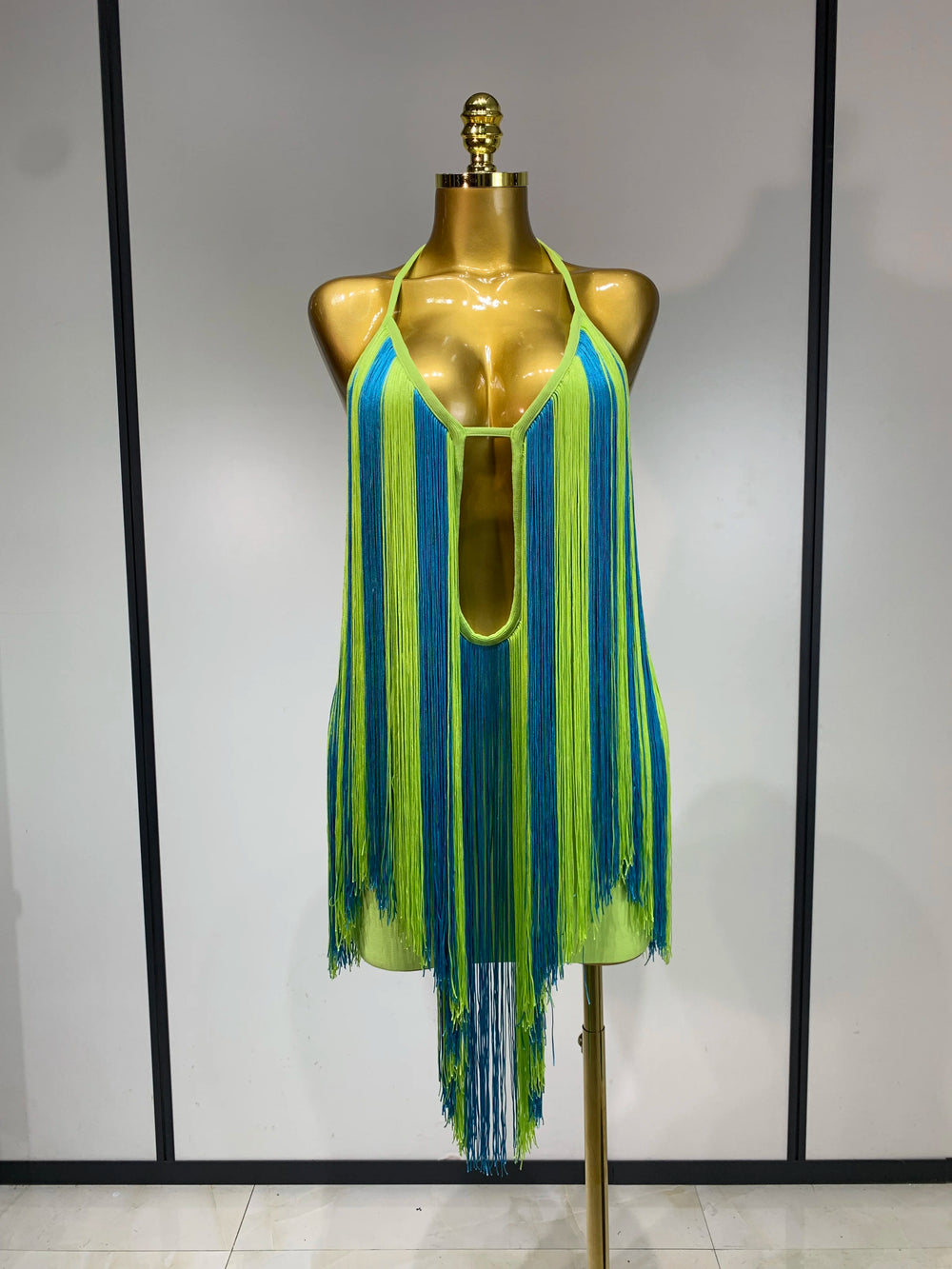 Lime green and blue alternating fringe halter mini dress
