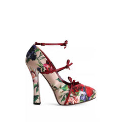 Side view of a floral print chunky heel pump