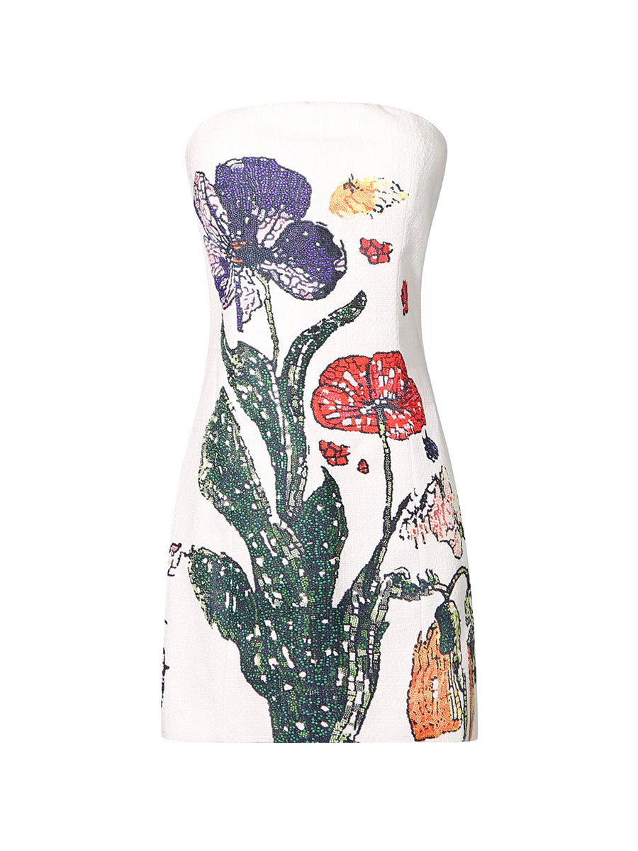 Floral-patterned strapless top on a white background