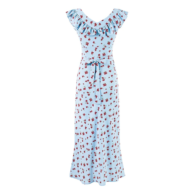 Light blue floral print maxi dress with v-neck and ruffles