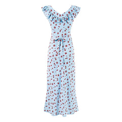 Light blue floral print maxi dress with v-neck and ruffles
