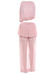 Pink Mesh Sleeveless Crop Top and Puff Pants Set
