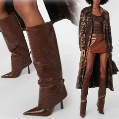Brown pointed toe knee-high heel boots with textured PU