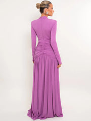 Long Sleeve Deep Neck Ruched Shimmering Slit Maxi Dress