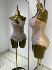Rhinestone mesh strappy bodysuit front-side view