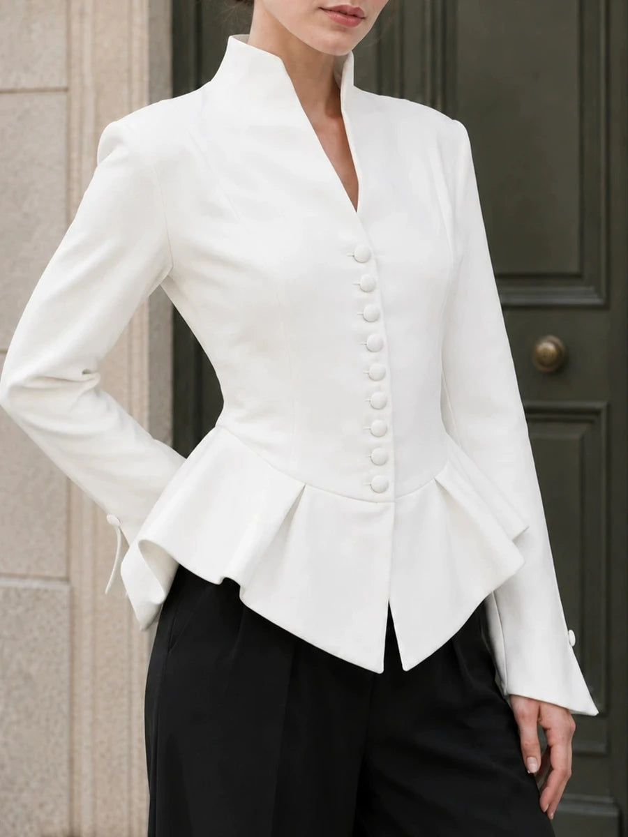 Stand collar button-up peplum jacket with hand on hip