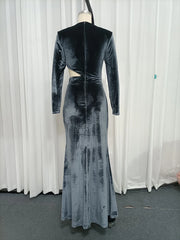 Velvet V-Neck Side Cutout Long Sleeve High Slit Maxi Dress