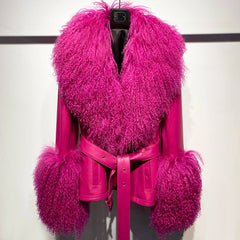 Pink furry jacket with matching pants on a mannequin against a white background