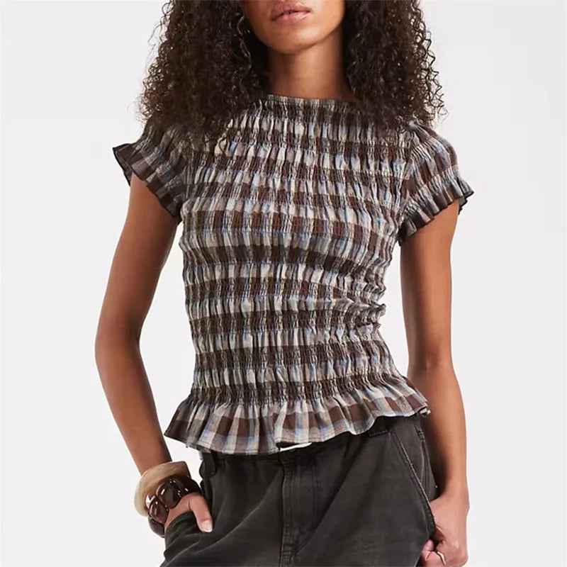 Brown plaid smocked peplum top with ruffled short sleeves