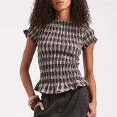 Brown plaid smocked peplum top with ruffled short sleeves