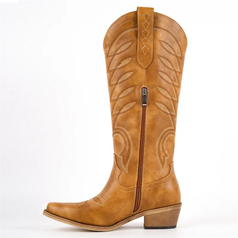 Side view of brown faux leather knee-high boot with visible zipper closure
