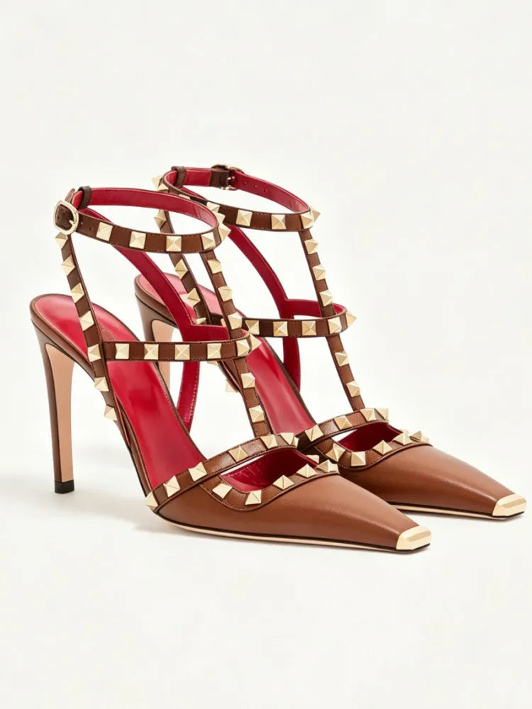 Brown riveted square toe stiletto heels