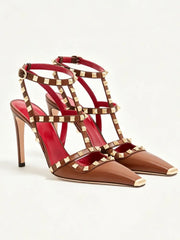 Brown riveted square toe stiletto heels