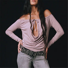 Off Shoulder Tie Keyhole Cutout Cowl Neck Top