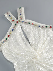 White Sequin Halter Rhinestone Embellished Strap Maxi Dress