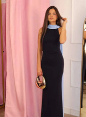 Two-Tone Drape Sleeveless Halter Maxi Dress