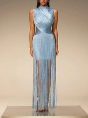 Light blue mock neck fringe maxi dress from the front.