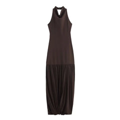Brown halter neck dress on a white background