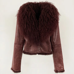 Brown leather jacket with fur collar on a white background