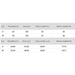 Size chart for clothing with measurements in centimeters and inches.