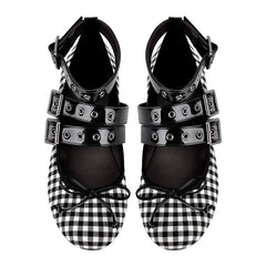 Gingham buckle strap block heel pumps top view
