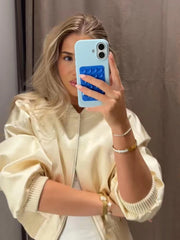 Cropped Ribbed Hem Bomber Jacket