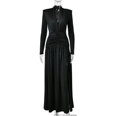 Long Sleeve Deep Neck Ruched Shimmering Slit Maxi Dress