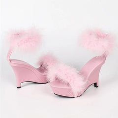 Feather Trim Wedge Platform Sandals