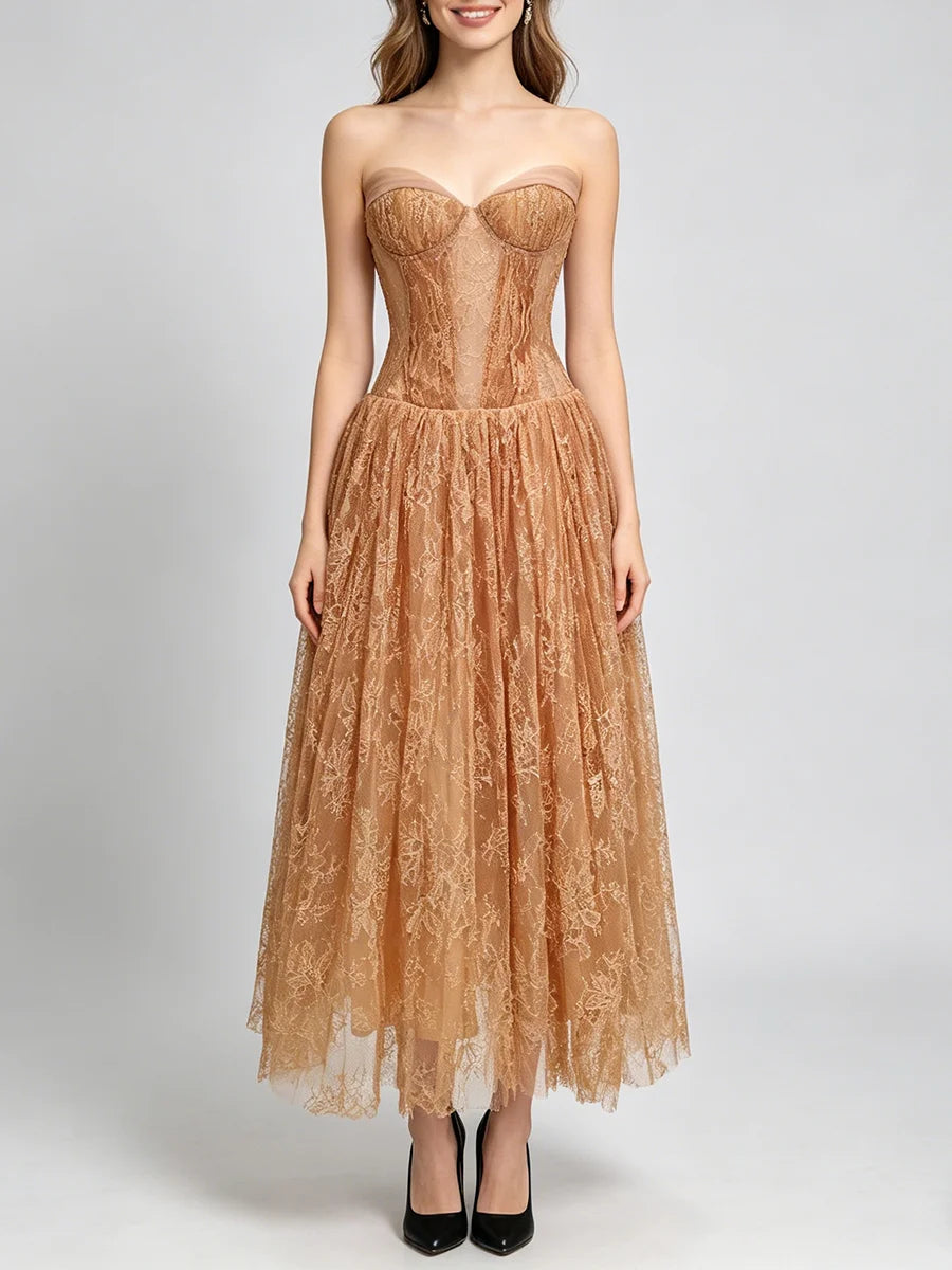 Lace A-line midi dress from the front in light gold