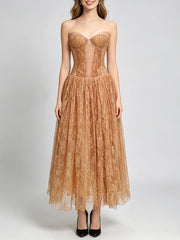 Lace A-line midi dress from the front in light gold
