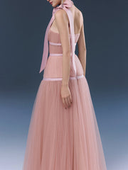Pink halter bow tulle maxi dress side view
