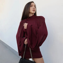 Ruched Shawl Sleeves Turtleneck Mini Dress