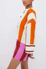 Striped V-Neck Mini Dress with Contrast Trim and Bell Sleeves