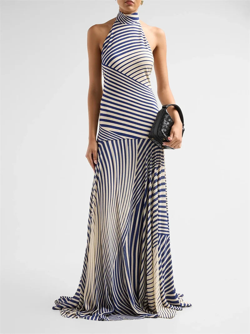 Striped halter maxi dress with open back