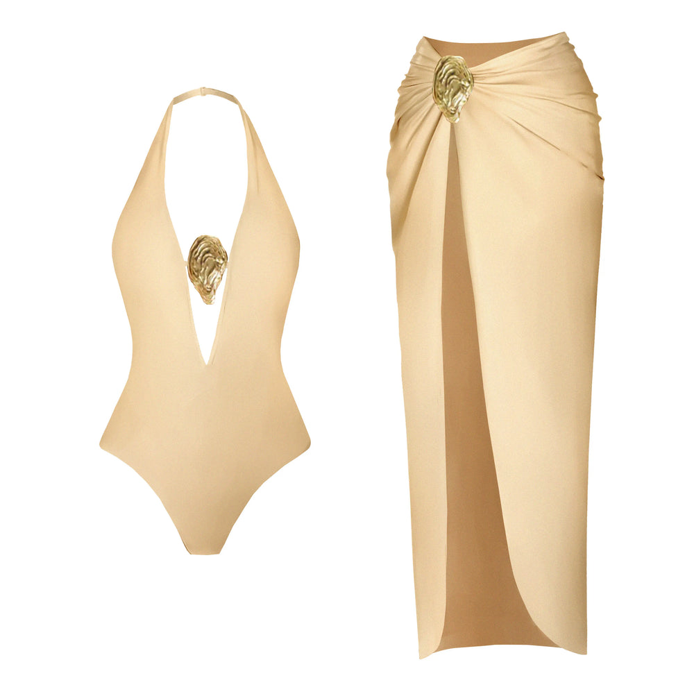 Halter neck plunge one-piece swimsuit with gold hardware detail