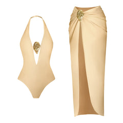 Halter neck plunge one-piece swimsuit with gold hardware detail