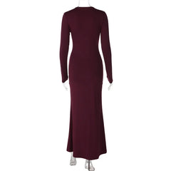 Long Sleeve Bodycon Deep V Neck Draped Maxi Dress