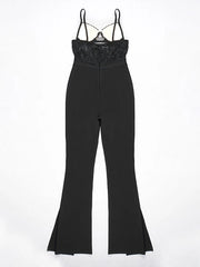 Black jumpsuit with lace detailing on a white background