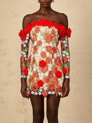 Woman wearing a floral dress with red flowers on a beige background