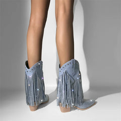 Blue fringed boots with rhinestones on a neutral background