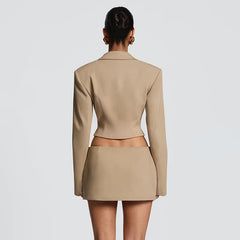 Structured Crop Hook Deep Neck Blazer and Mini Skirt Set