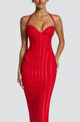 Halter Neck Corset Boned Bodycon Maxi Dress