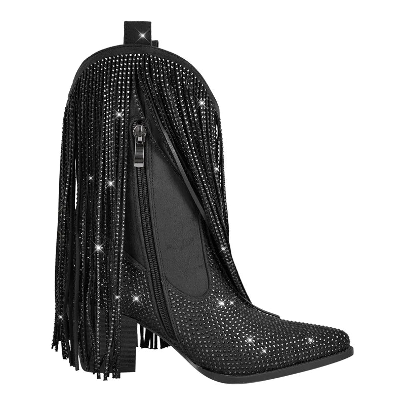 Black boot with rhinestone embellishments and fringe on a white background