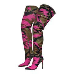 Pointed Toe Thigh High Camouflage Boots