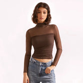 Stand Collar Long Sleeve Sheer Top
