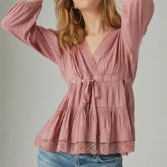 Pink lace v-neck wrap peplum top