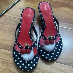 Polka Dot Cherry Embellished Kitten Heel Flip Flops